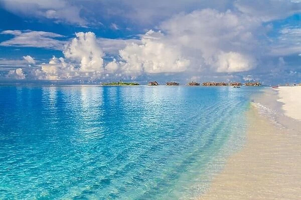 Amazing Maldives island beach, summer vacation and holiday concept. Luxury resort and hotel view, blue sea, white sand, tranquil tropical landscape