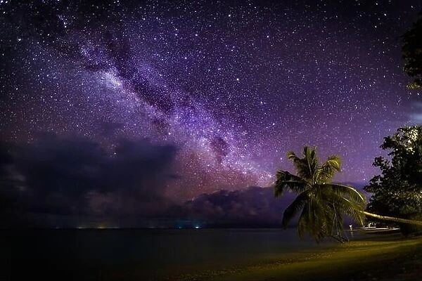 Amazing night photo with milky way, stars and bright galaxy view pattern. Milky Way over the sandy beach with palm trees