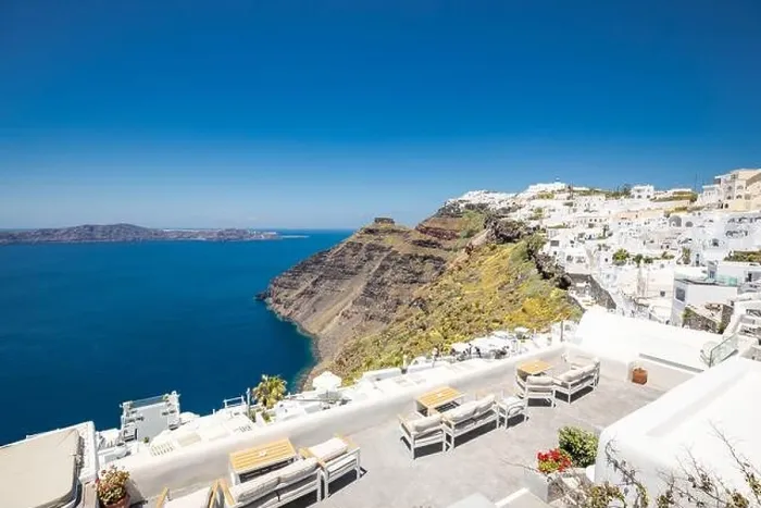 Framed Print : Amazing panoramic landscape, luxury travel vacation Santorini island Framed Print : Amazing panoramic landscape, luxury travel vacation Santorini island