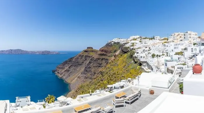 Framed Print : Amazing panoramic landscape, luxury travel vacation Santorini island Framed Print : Amazing panoramic landscape, luxury travel vacation Santorini island