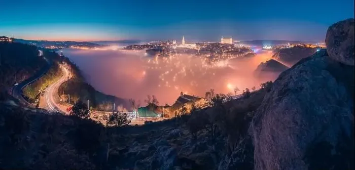 Framed Print : From above amazing scenery of illuminated ancient Alcazar de Toledo castle over town in misty twilight Framed Print : From above amazing scenery of illuminated ancient Alcazar de Toledo castle over town in misty twilight