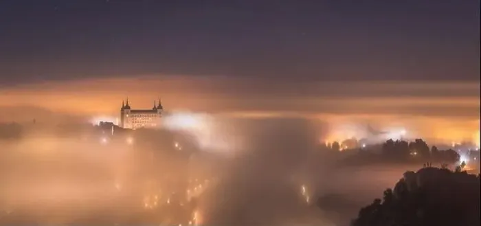 Framed Print : Amazing scenery of shining and luminous ancient Alcazar de Toledo castle over town in misty twilight Framed Print : Amazing scenery of shining and luminous ancient Alcazar de Toledo castle over town in misty twilight
