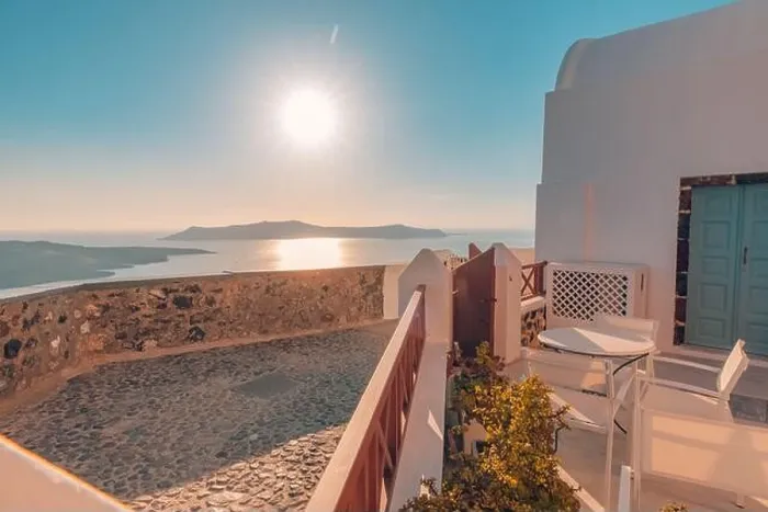 Framed Print : Amazing street view Santorini island. Greece traditional white and blue architecture, sea view and fantastic summer mood vibes. Luxury travel holiday