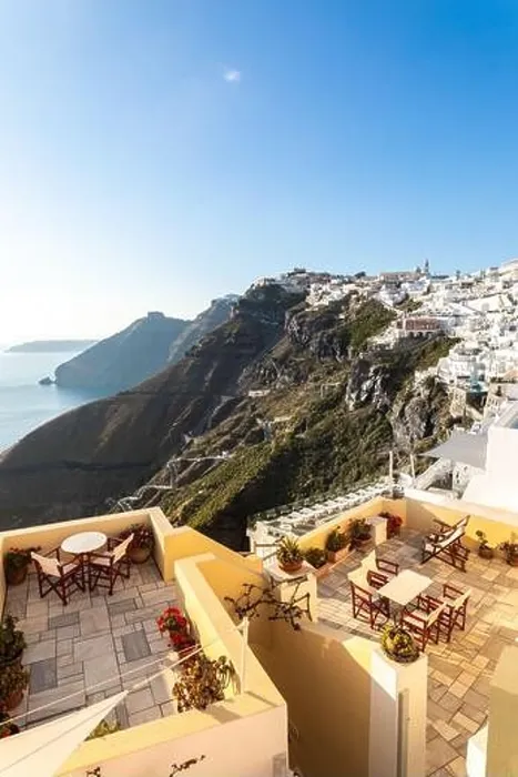 Framed Print : Amazing street view Santorini island. Greece traditional white and blue architecture, sea view and fantastic summer mood vibes. Luxury travel holiday