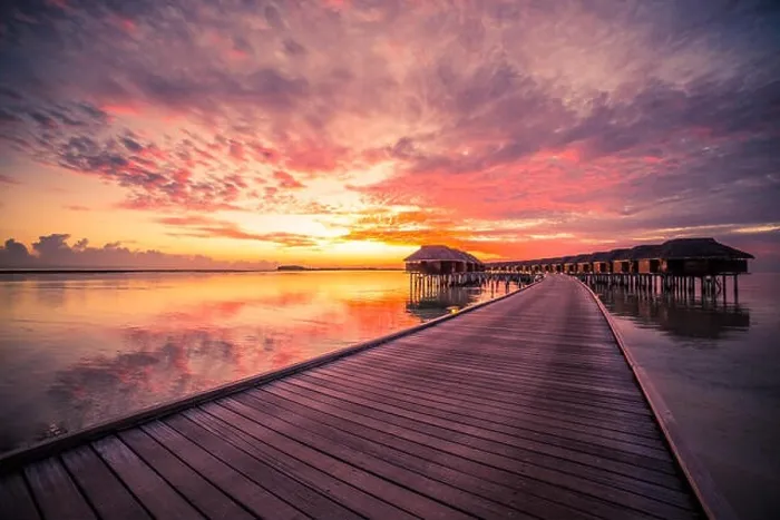 Framed Print : Amazing summer tropical vacation holiday landscape. Luxury travel holiday background concept. Colorful sunset in Maldives Framed Print : Amazing summer tropical vacation holiday landscape. Luxury travel holiday background concept. Colorful sunset in Maldives