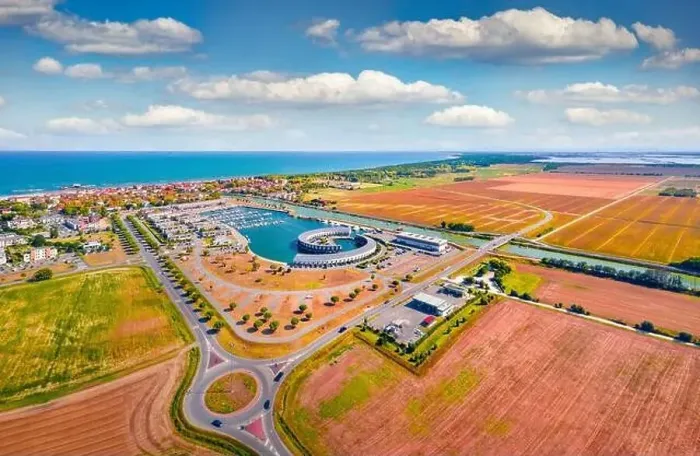 Framed Print : Amazing summer view from flying droneof Casal Borsetti port Framed Print : Amazing summer view from flying droneof Casal Borsetti port