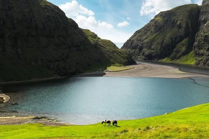 Framed Print : Amazing summer view on Pollurin Laguna in Saksun village. Beauty landscape with two horses on lush green meadow and high mountains Framed Print : Amazing summer view on Pollurin Laguna in Saksun village. Beauty landscape with two horses on lush green meadow and high mountains