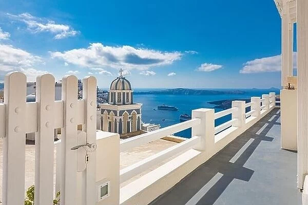 Amazing sunny panorama of Santorini island. Picturesque summer scene of famous Greek destination Greece, Europe. White architecture traveling concept