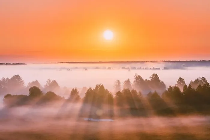 Framed Print : Amazing Sunrise Over Misty Landscape. Scenic View Of Foggy Morning Sky With Rising Sun Above Misty Forest. Middle Summer Nature Of Europe Framed Print : Amazing Sunrise Over Misty Landscape. Scenic View Of Foggy Morning Sky With Rising Sun Above Misty Forest. Middle Summer Nature Of Europe