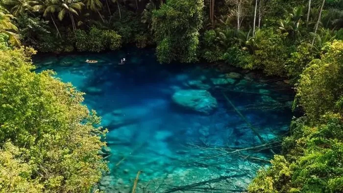 Framed Print : Amazing transparent lake with crystal blue fresh water in Sulawesi, Indonesia. Aerial view