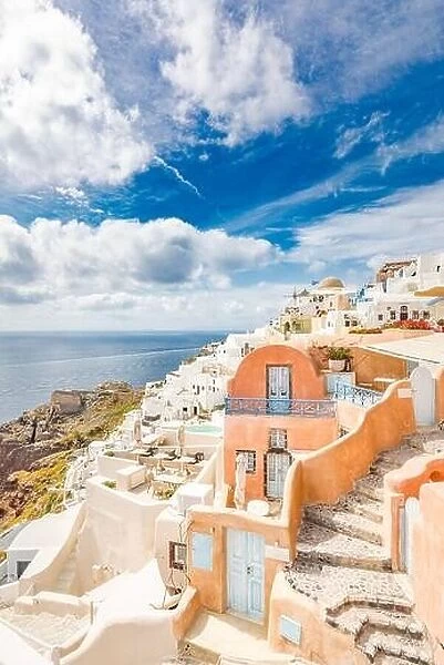 Amazing travel scenery of Santorini island. Tranquil vacation summer holiday the famous tourism destination Greece, Europe. Luxury traveling, sea view