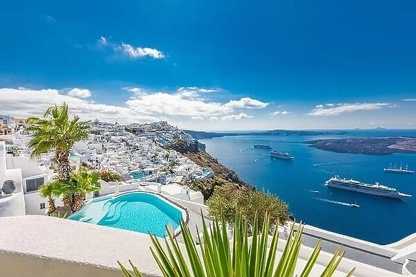 Amazing travel vacation landscape, summer destination in Santorini, Oia. White architecture, pool, romantic sea view with cruise ships. Idyllic scene