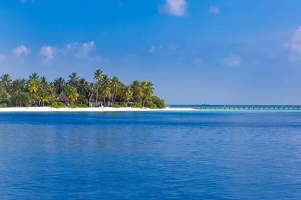 Amazing tropical beach in Maldives with few palm trees and blue lagoon
