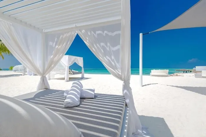 Framed Print : Amazing tropical beach scene with white canopy and curtain for luxury summer relaxation concept. Blue sky with white sand for sunny beach landscape Framed Print : Amazing tropical beach scene with white canopy and curtain for luxury summer relaxation concept. Blue sky with white sand for sunny beach landscape