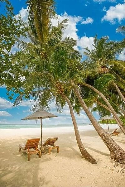 Amazing vacation beach. Couple chairs together by the sea banner. Summer romantic holiday honeymoon concept. Tropical island landscape. Tranquil shore