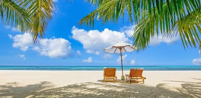 Framed Print : Amazing vacation beach. Couple chairs together by the sea banner. Summer romantic holiday honeymoon concept. Tropical island landscape. Tranquil shore Framed Print : Amazing vacation beach. Couple chairs together by the sea banner. Summer romantic holiday honeymoon concept. Tropical island landscape. Tranquil shore