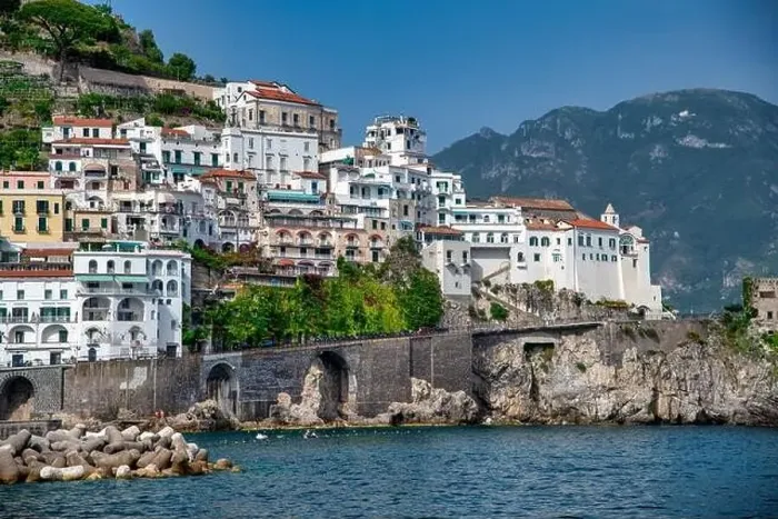 Framed Print : Amazing view of Amalfi Town from the sea in summer season, Italy Framed Print : Amazing view of Amalfi Town from the sea in summer season, Italy