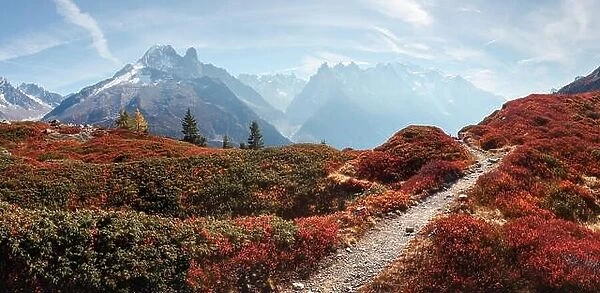 Amazing view on Monte Bianco mountains range with with Monblan on background. Vallon de Berard Nature Preserve, Chamonix, Graian Alps