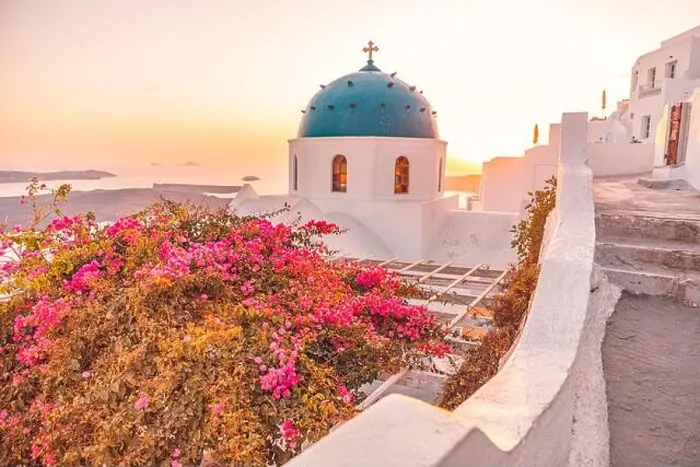Framed Print : Amazing view with white houses, sunset on the famous Greek dome resort flowes Greece, Europe. Traveling background. Artistic summer landscape vacation Framed Print : Amazing view with white houses, sunset on the famous Greek dome resort flowes Greece, Europe. Traveling background. Artistic summer landscape vacation