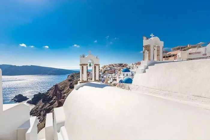 Framed Print : Amazingly beautiful travel landscape, summer scenery in Santorini, Greece. Blue sky and sea view with white architecture, inspirational vacation photo