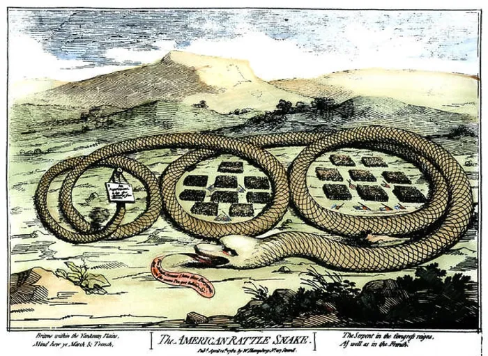 Framed Print : THE AMERICAN RATTLESNAKE.  / nA cartoon etching by James Gillray