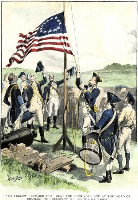 Framed Print : American soldiers hoisting the 13-star flag during the Revolutionary War. Hand-colored halftone of an illustration Framed Print : American soldiers hoisting the 13-star flag during the Revolutionary War. Hand-colored halftone of an illustration