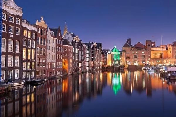 Amsterdam, Netherlands in the Damrak at night