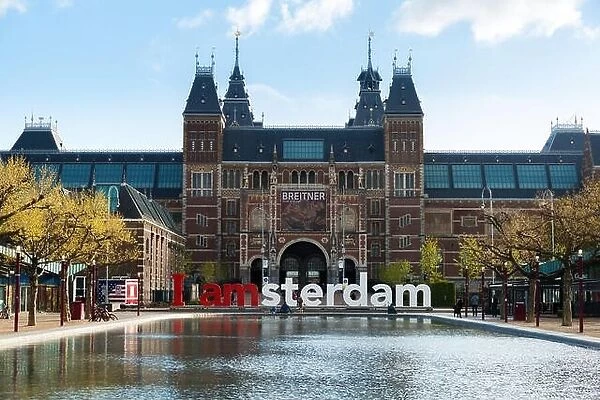 Amsterdam, Netherlands - May 03 2016: The Rijksmuseum Amsterdam museum area with the words IAMSTERDAM in Amsterdam, Netherlands