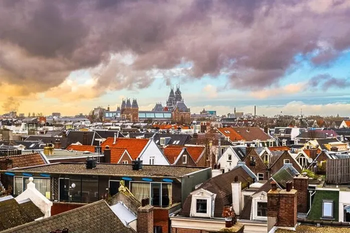 Framed Print : Amsterdam; Netherlands view of the cityscape from De Pijp at dusk