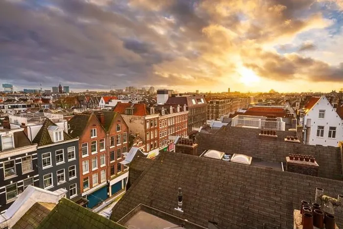 Framed Print : Amsterdam, Netherlands view of the cityscape from De Pijp at dusk Framed Print : Amsterdam, Netherlands view of the cityscape from De Pijp at dusk