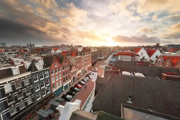 Framed Print : Amsterdam, Netherlands view of the cityscape from De Pijp at dusk Framed Print : Amsterdam, Netherlands view of the cityscape from De Pijp at dusk