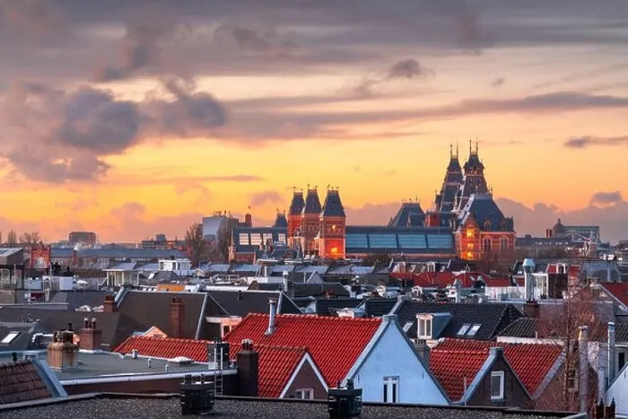 Framed Print : Amsterdam, Netherlands view of the cityscape from De Pijp at dusk Framed Print : Amsterdam, Netherlands view of the cityscape from De Pijp at dusk