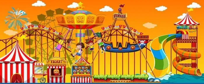 Framed Print : Amusement park scene at daytime with yellow sky
