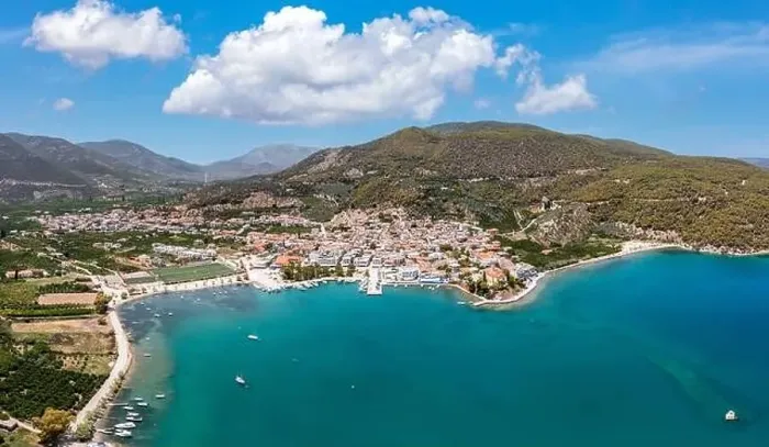 Framed Print : Ancient Epidaurus town beach and marina at Peloponnese Framed Print : Ancient Epidaurus town beach and marina at Peloponnese