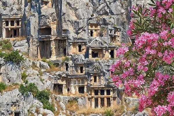 Ancient Lycian rock tombs and blooming oleander flowes, Myra (Demre), Turkey