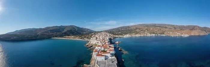 Framed Print : Andros Island, Greece. Chora town aerial panoramic view Framed Print : Andros Island, Greece. Chora town aerial panoramic view