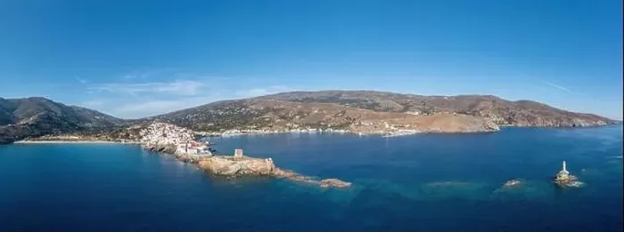Framed Print : Andros Island, Greece. Chora town aerial panoramic view Framed Print : Andros Island, Greece. Chora town aerial panoramic view