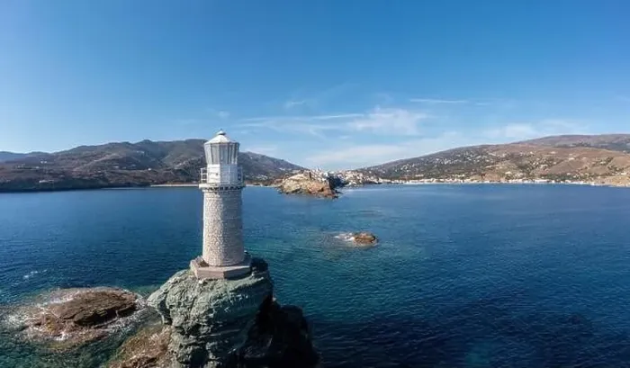 Framed Print : Andros Island. Greece. The stone lighthouse on a rock aerial drone view Framed Print : Andros Island. Greece. The stone lighthouse on a rock aerial drone view