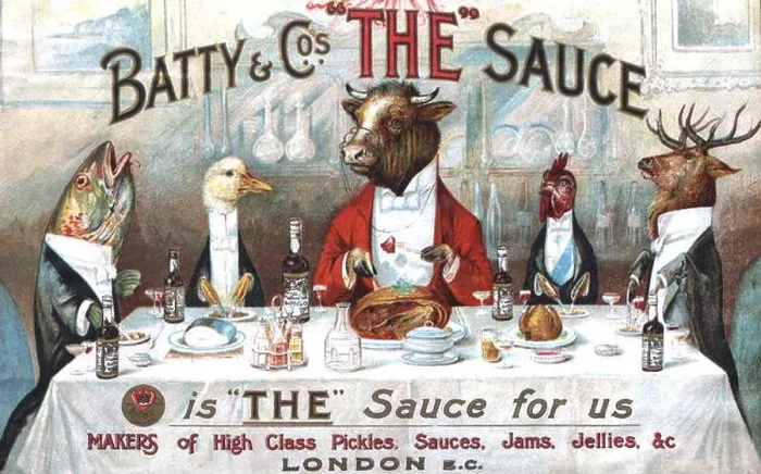 Framed Print : Animals sitting around a dining table using Batty's 'The Sauce' Victorian Advertising c1800, Chromolithograph Framed Print : Animals sitting around a dining table using Batty's 'The Sauce' Victorian Advertising c1800, Chromolithograph