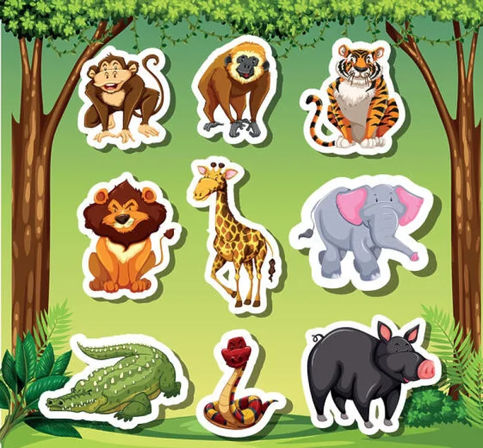 Framed Print : Many animals sticket in jungle background Framed Print : Many animals sticket in jungle background
