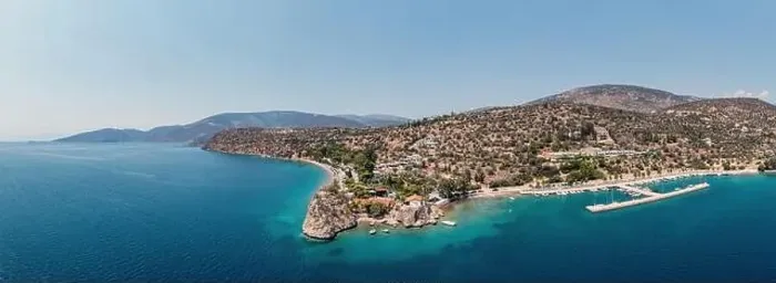 Framed Print : Antikyra Gulf Greece, aerial panoramic drone view. Village, boat marina and Agios Isidoros sandy beach in Boeotia Framed Print : Antikyra Gulf Greece, aerial panoramic drone view. Village, boat marina and Agios Isidoros sandy beach in Boeotia
