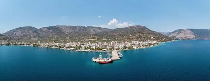 Framed Print : Antikyra Village Greece, aerial panoramic drone view Framed Print : Antikyra Village Greece, aerial panoramic drone view