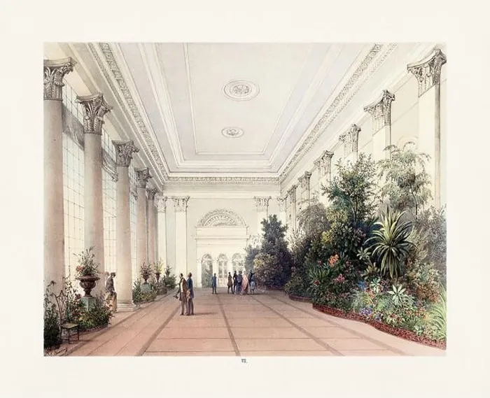Framed Print : Antique 18th-century illustration: Winter gardens at Vienna's Imperial Palace Hofburg. This color lithograph depicts lush gardens, period-clad people Framed Print : Antique 18th-century illustration: Winter gardens at Vienna's Imperial Palace Hofburg. This color lithograph depicts lush gardens, period-clad people
