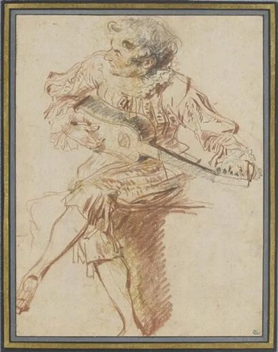 Framed Print : Antoine Watteau's Study of a Seated Guitarist is a work in sanguine and black chalk from the early 18th century Framed Print : Antoine Watteau's Study of a Seated Guitarist is a work in sanguine and black chalk from the early 18th century