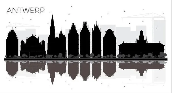 Framed Print : Antwerp Belgium City skyline black and white silhouette with Reflections Framed Print : Antwerp Belgium City skyline black and white silhouette with Reflections