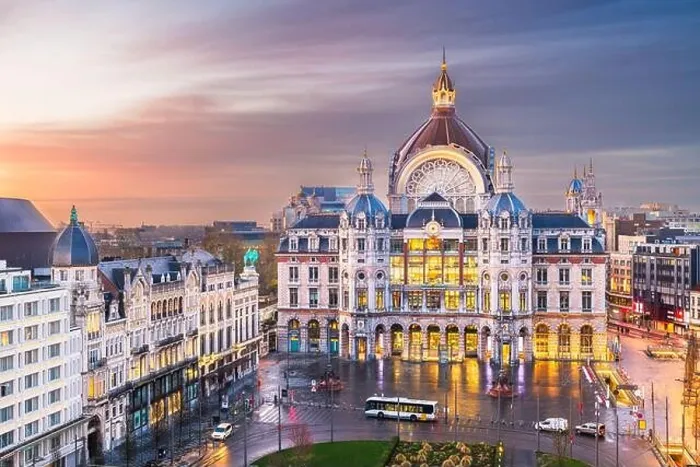 Framed Print : Antwerp, Belgium cityscape at Centraal Railway Station from night till dawn