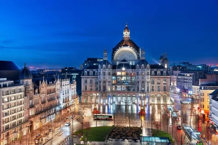 Framed Print : Antwerp, Belgium cityscape at Centraal Railway Station from night till dawn