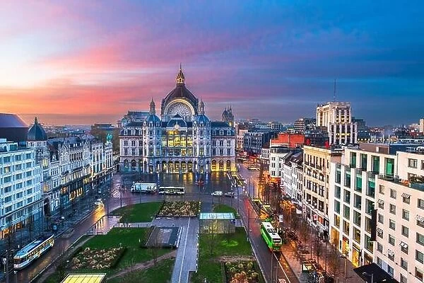 Antwerp, Belgium cityscape snd plaza at dawn