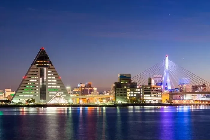 Framed Print : Aomori City, Japan downtown cityscape on Mutsu Bay at dusk