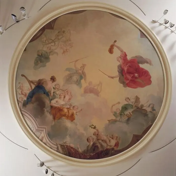 Framed Print : Apollo in the clouds with Minerva and the nine muses. Nederlands: Plafondschildering /  Schildering: Interieur, eerste verdieping, achterzijde (Zaal)